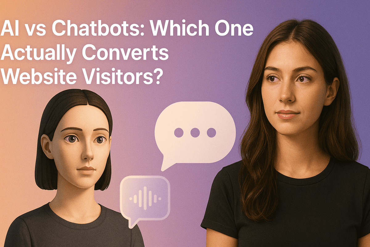 Split screen showing AI voice agent and chatbot interfaces with conversion metrics