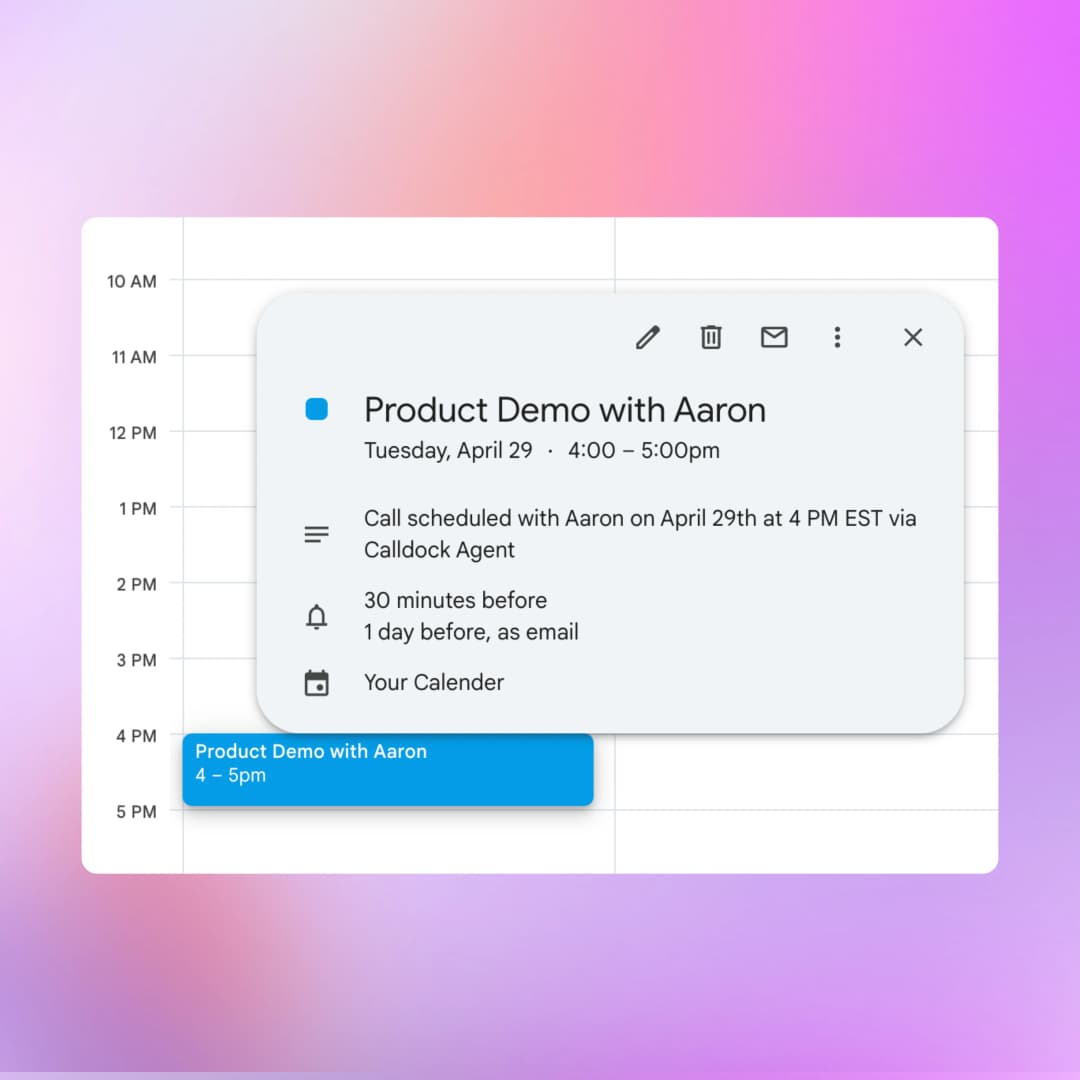 Google Calendar integration showing an AI agent scheduling an appointment during a call
