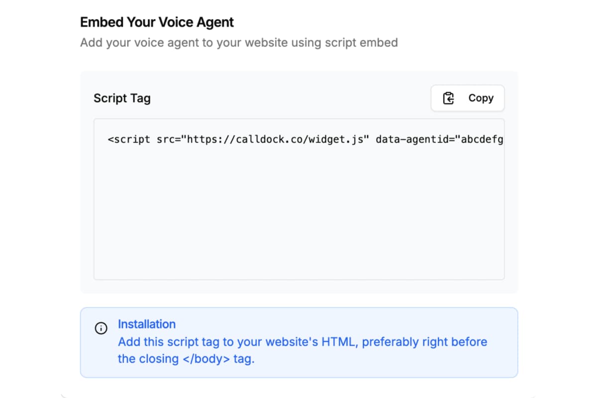 Simple one-line code installation interface for Calldock
